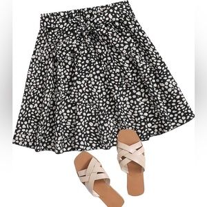 SheIn Women's Summer Floral Print Skater Short Skirt Black and White | Medium